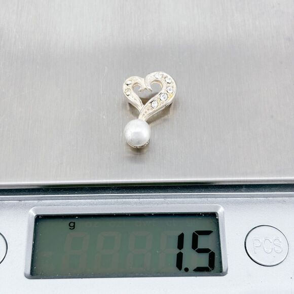 Crystal-Studded with Pearl Accent Heart Pendant | Vintage Sterling Silver 925 - Picture 6 of 6